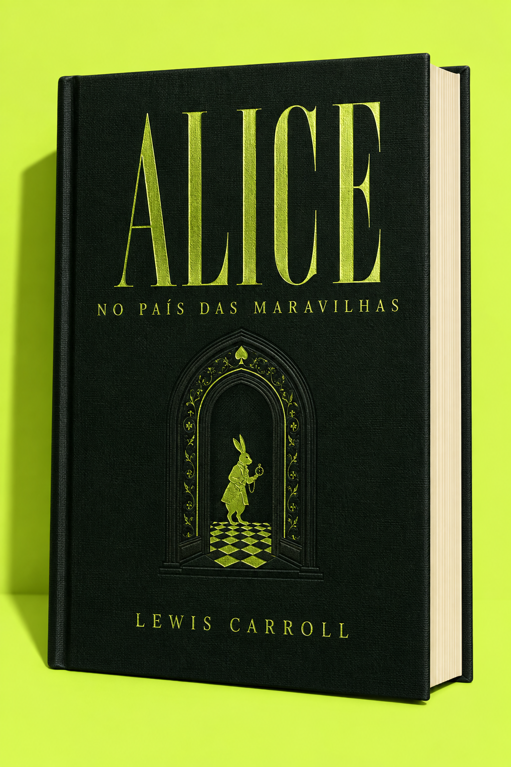 Capa conceitual de Alice no País das Maravilhas, em tecido verde escuro com letras e um coelho em verde ácido